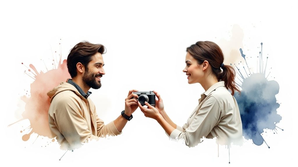 Two smiling individuals, a man and a woman, holding a camera together against watercolor splashes.
