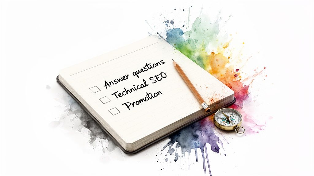 A notebook with an SEO checklist, a pencil, and a compass on a vibrant watercolor background.