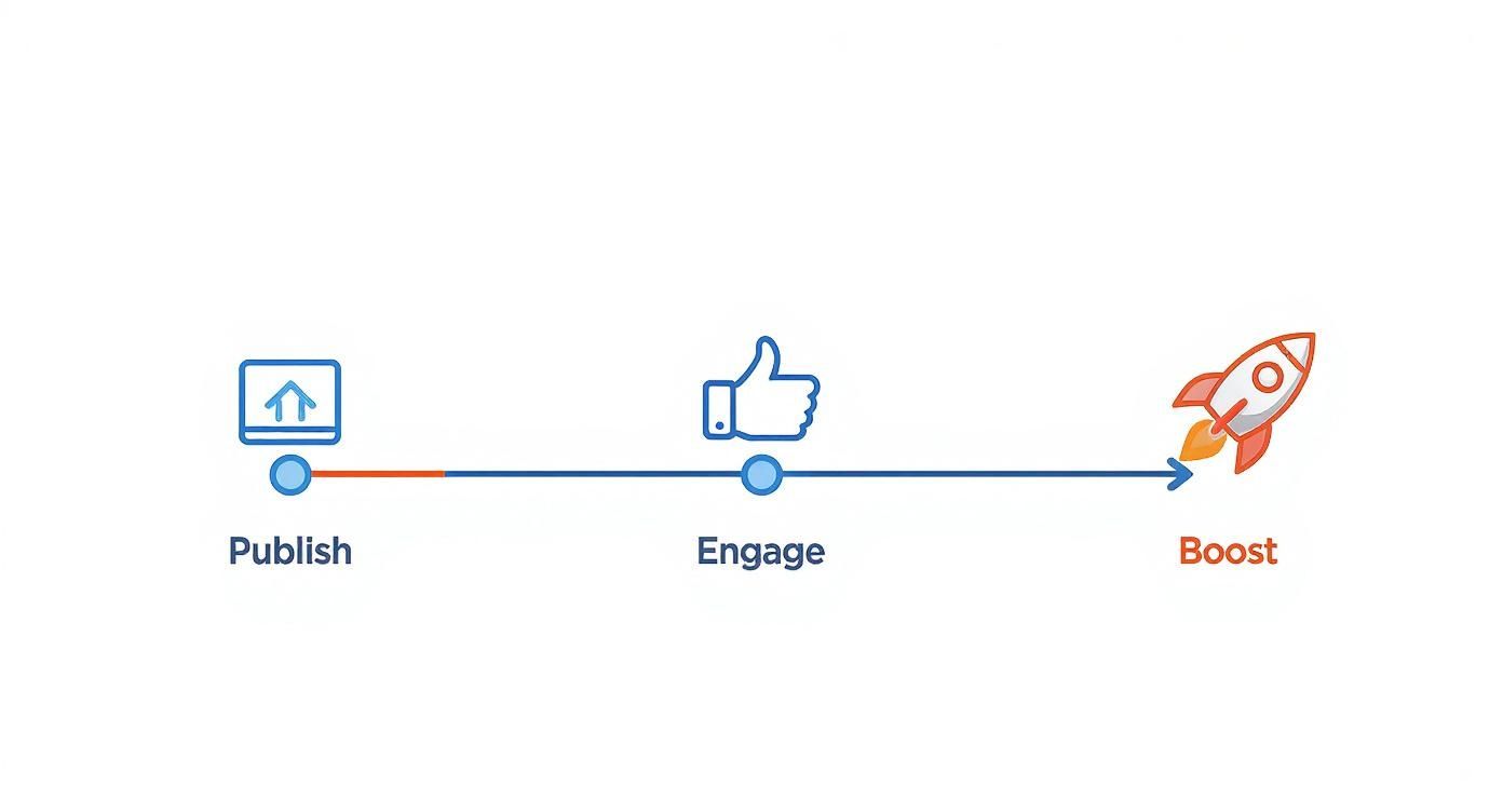A three-step process: Publish content, Engage with audience, and Boost for greater reach, shown as a timeline.