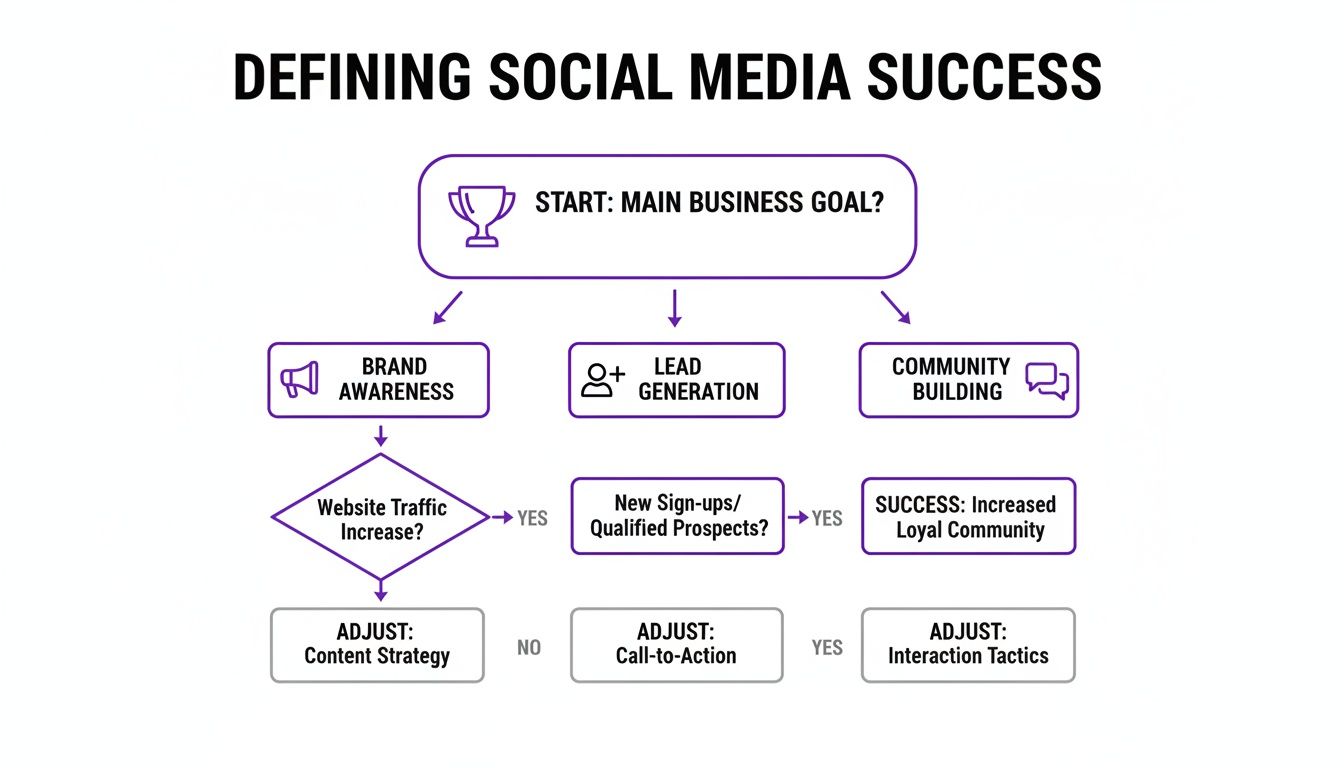 A flowchart visually defining social media success from main business goals to actionable adjustments and metrics.