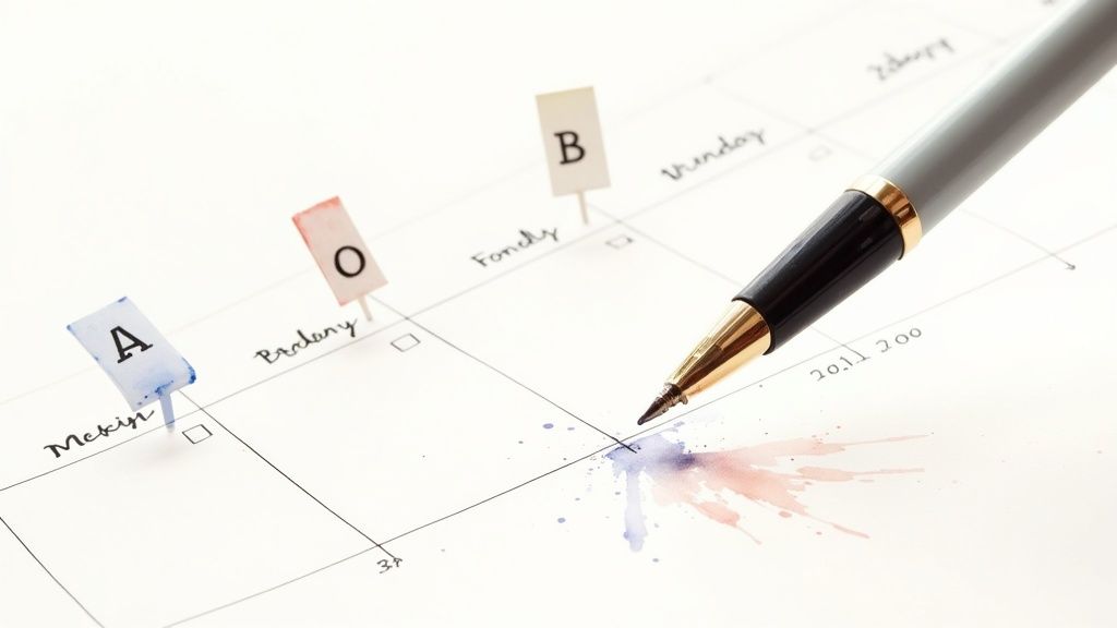A pen over a planner with ink splatters, flags labeled A, O, B, and handwritten text.