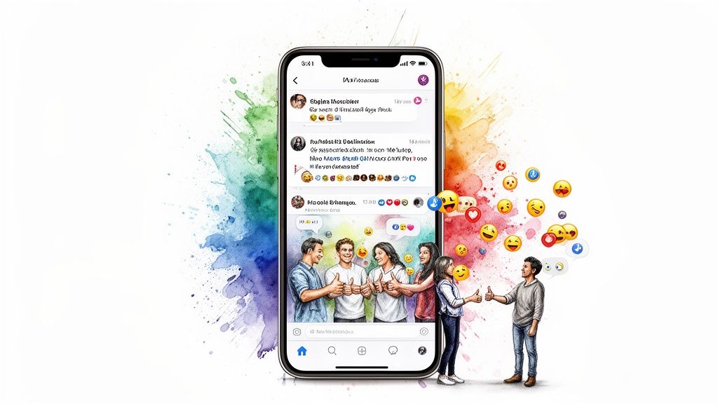 A vibrant smartphone displays social media content with diverse people and floating emojis.