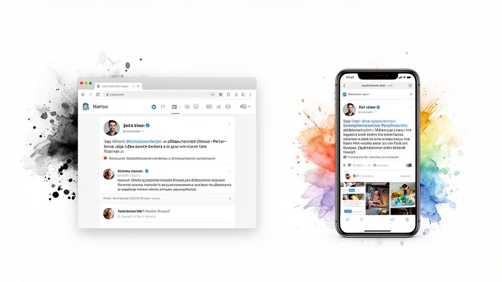 Social media posts displayed on both a web browser and a mobile phone screen.
