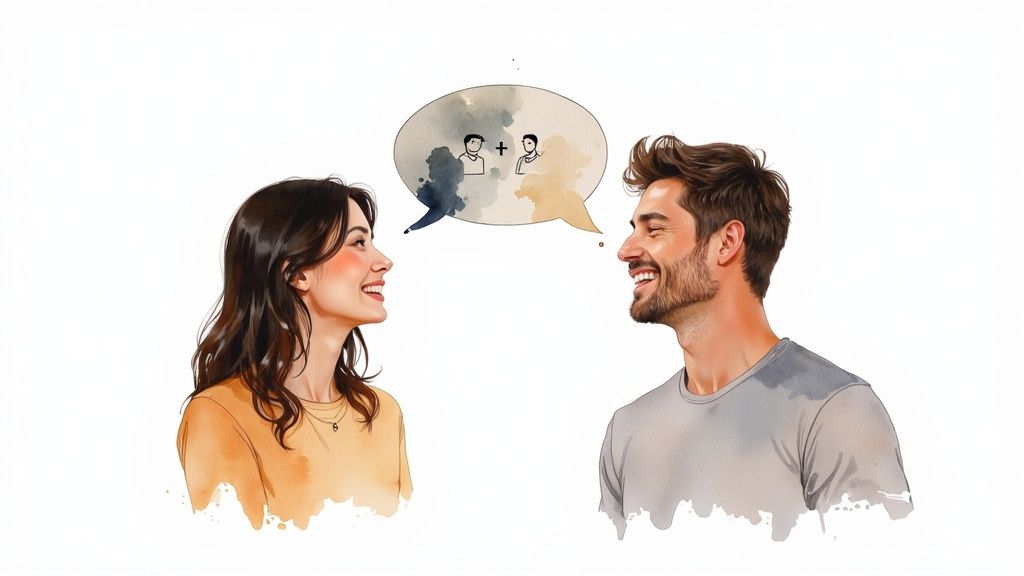 Smiling watercolor illustration of a man and woman discussing connecting people, symbolized by a speech bubble.