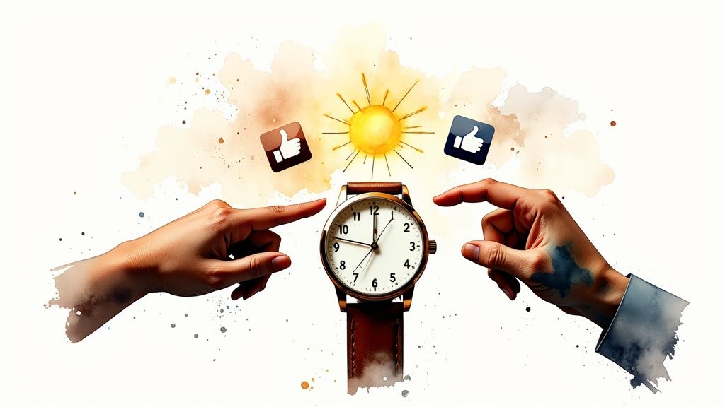 Hands pointing at a wristwatch with sun and social media 'like' icons, symbolizing time and engagement.