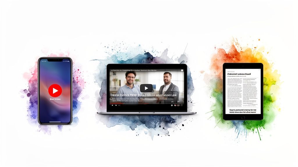 Three devices: smartphone displaying a short video, laptop showing a business video, and a tablet with a text article.