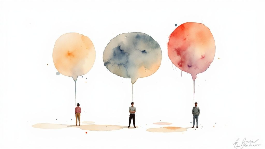 Three people holding colorful watercolor thought bubbles representing diverse ideas and social media engagement