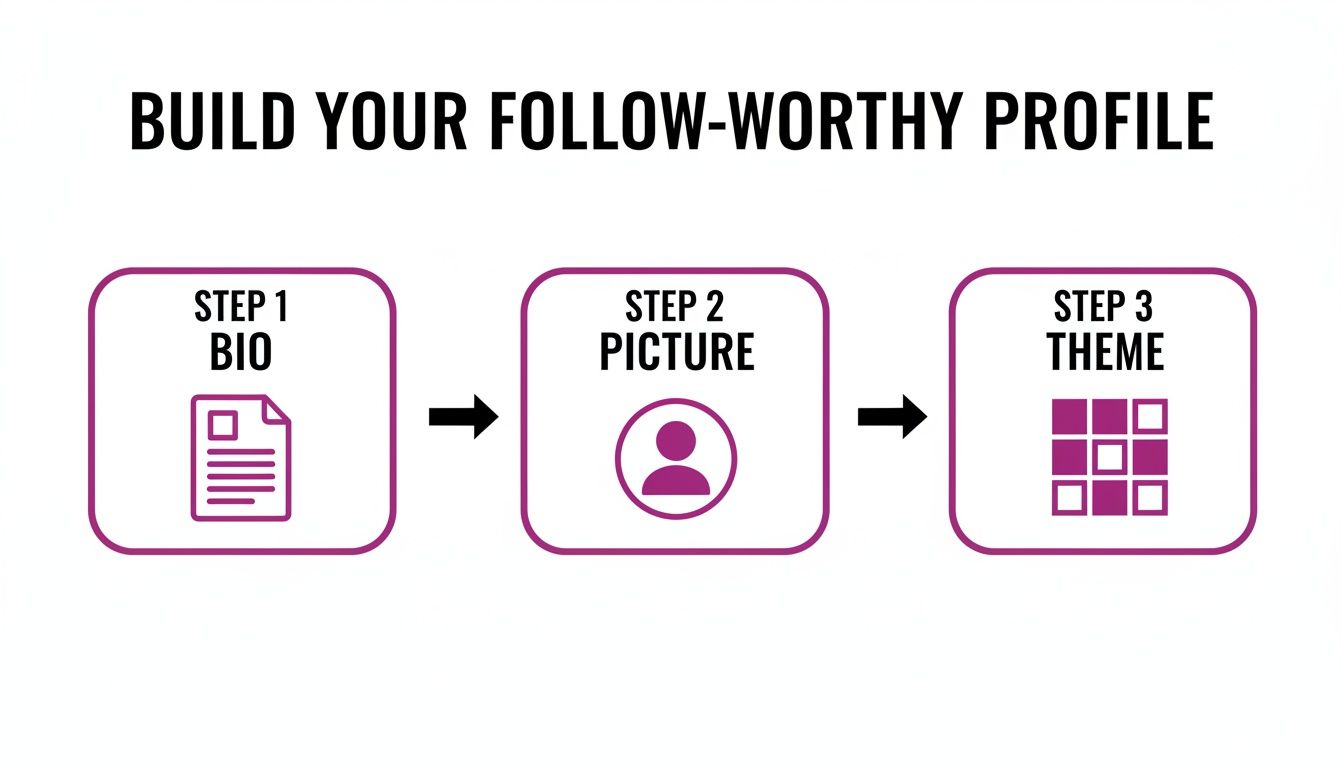 Visual guide illustrating three steps to build a follow-worthy profile: bio, picture, and theme.