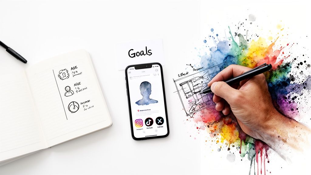 Creative professional workspace with planning notebook, smartphone showing social media, and hand drawing a blueprint.