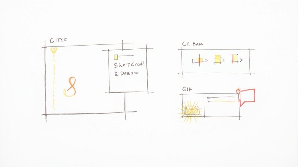 A content creator brainstorming ideas on a whiteboard, with icons for video, text, and images.