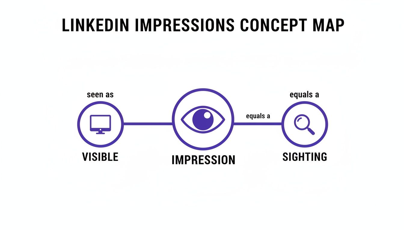 A concept map illustrating LinkedIn impressions, showing visible content leads to an impression, which equals a sighting.