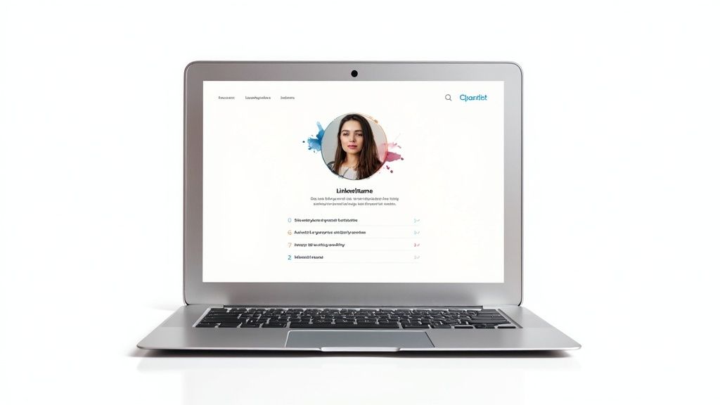 A person working on a laptop with a polished LinkedIn profile on the screen.