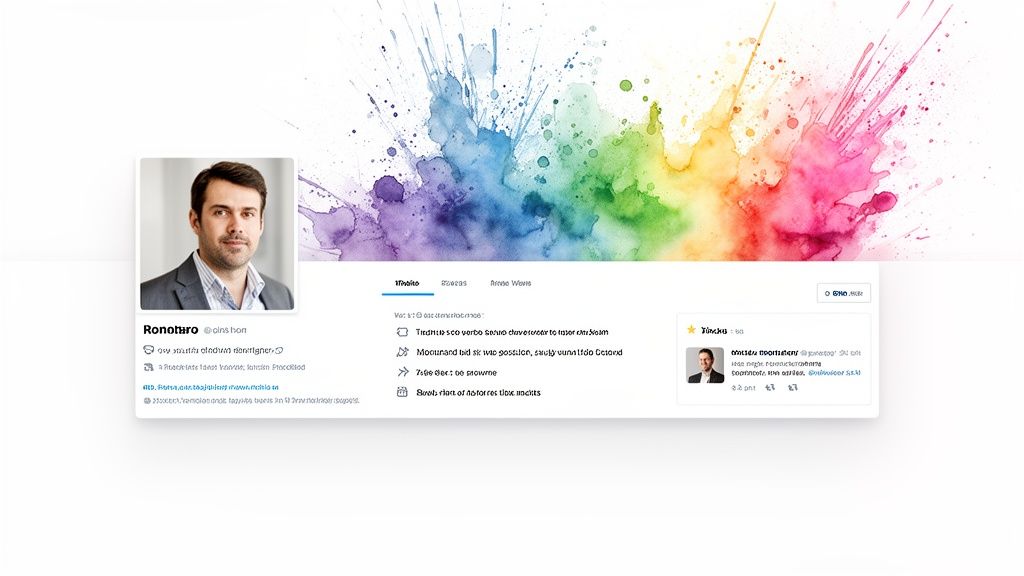 A profile page with a man's portrait and gibberish text against a vibrant watercolor splash background.