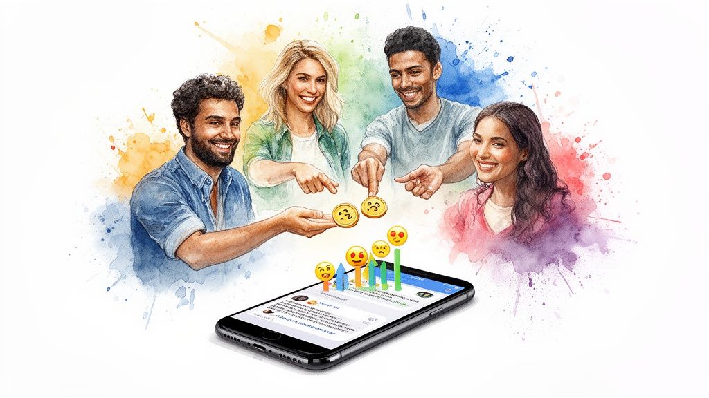Diverse friends interact with a smartphone displaying social media posts, emoji reactions, and metrics.