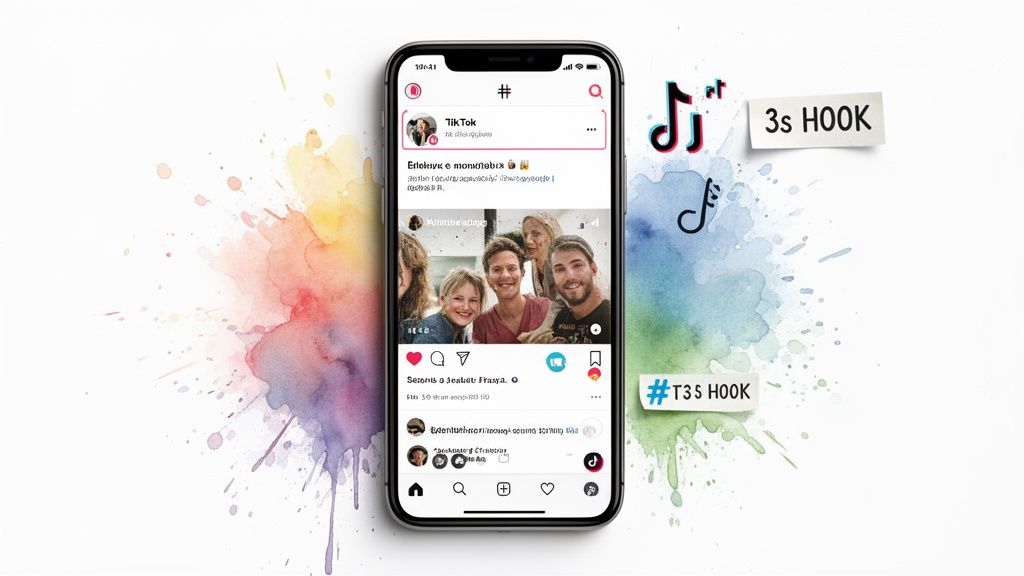 A smartphone shows a social media post with five smiling people, surrounded by vibrant watercolor splashes and