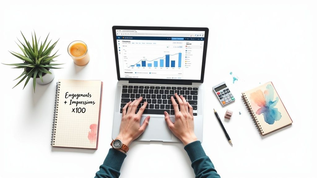 Overhead view of a person typing on a laptop displaying analytics, with notebooks and a plant on a white desk.
