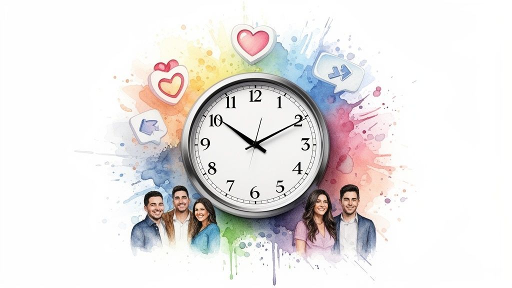 Watercolor illustration of a clock, social media icons, and smiling people, symbolizing time and connections.