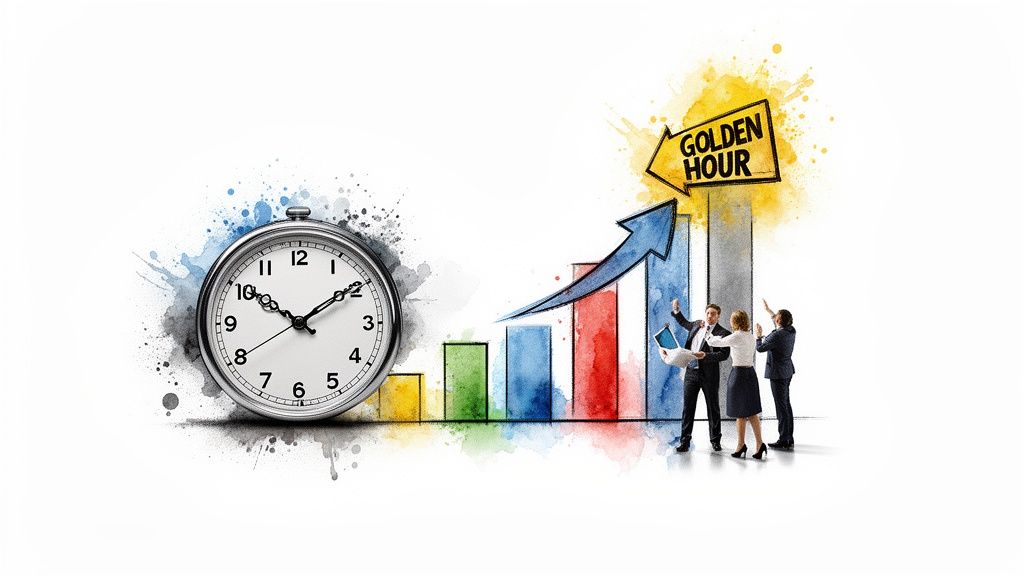 Business team achieves growth by seizing the 'Golden Hour' opportunity, depicted with a clock and rising bar chart.