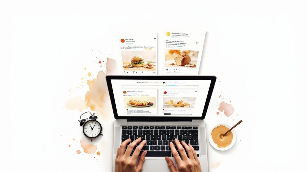 Hands typing on a laptop, surrounded by social media posts of delicious food with creative splashes.
