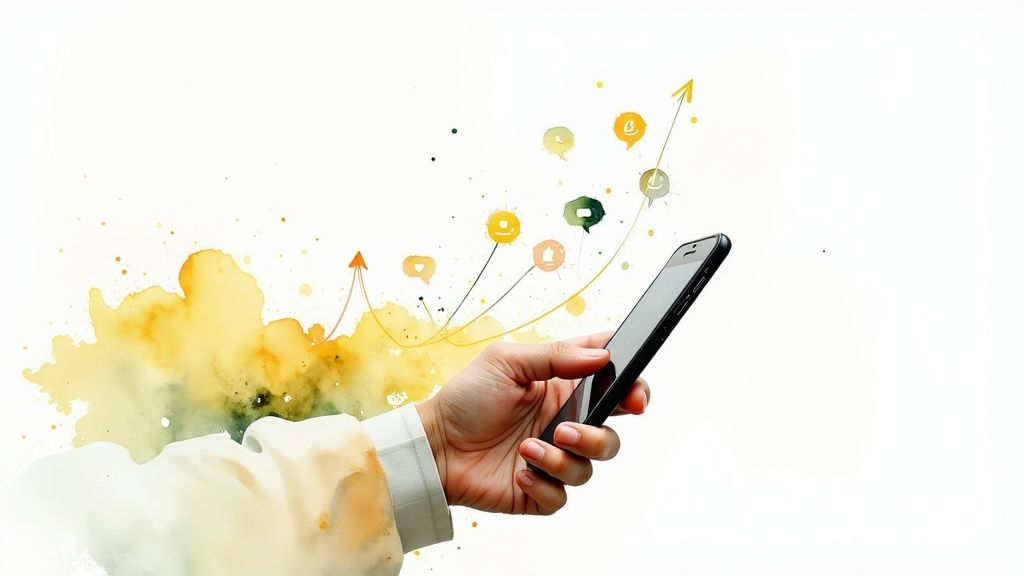 A hand holds a smartphone with social media icons and arrows rising upwards, depicting digital growth.