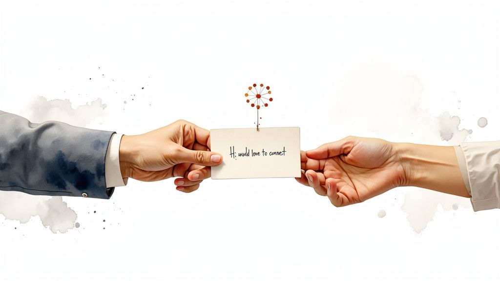 Two hands exchanging a card with “Hi, would love to connect” written on it, symbolizing networking.