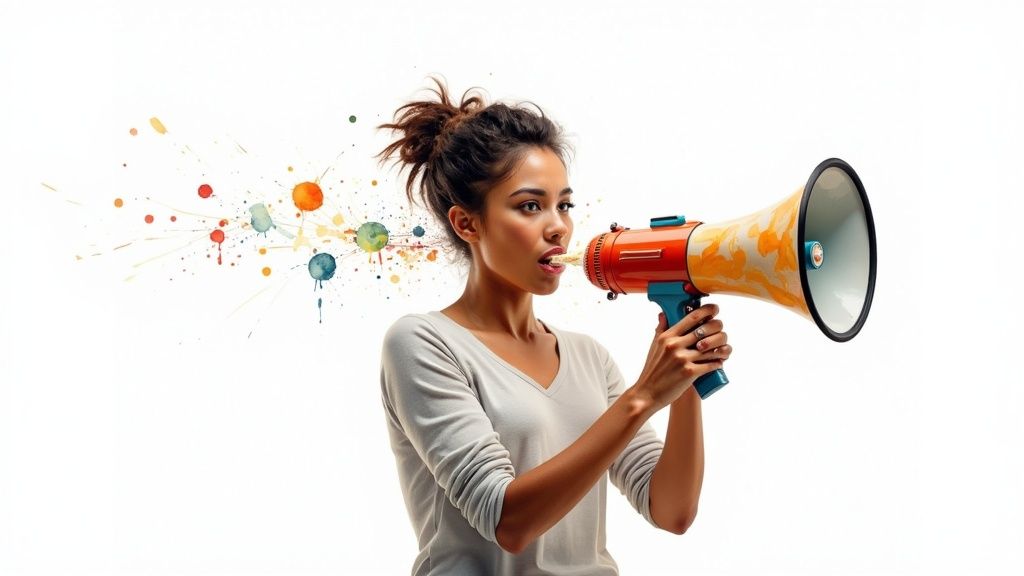 Young woman holding a megaphone releasing vibrant paint splashes, symbolizing creative communication.