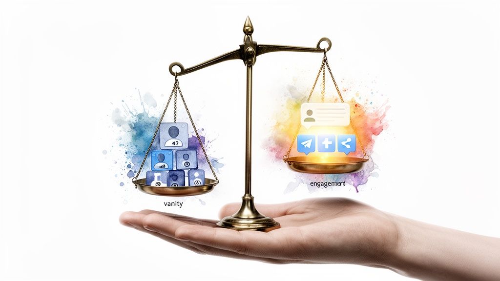 A hand holding a scale where engagement metrics brightly outweigh vanity follower counts in social media.