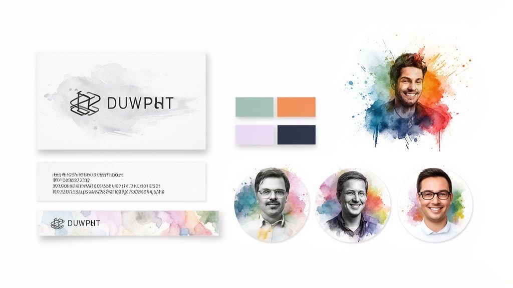 A modern branding concept showing a DUWPHt logo, color palette, and four watercolor splash portraits of men.