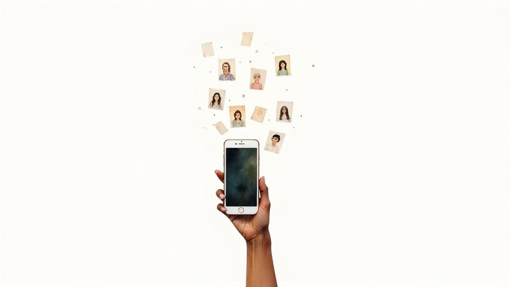 A hand holds a smartphone, with illustrated portraits and paper floating above, symbolizing social connections.