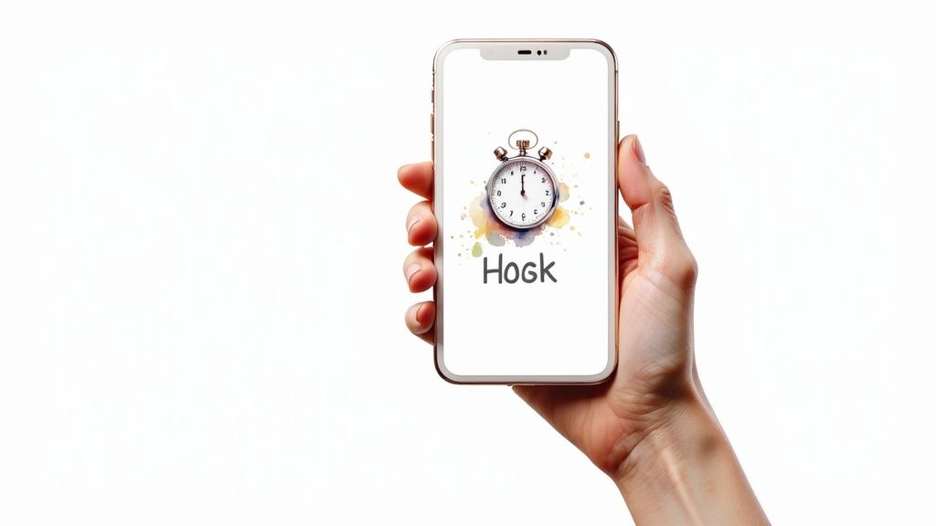 A hand holds a smartphone displaying a stopwatch with colorful watercolor art and the word 'Hosk'.