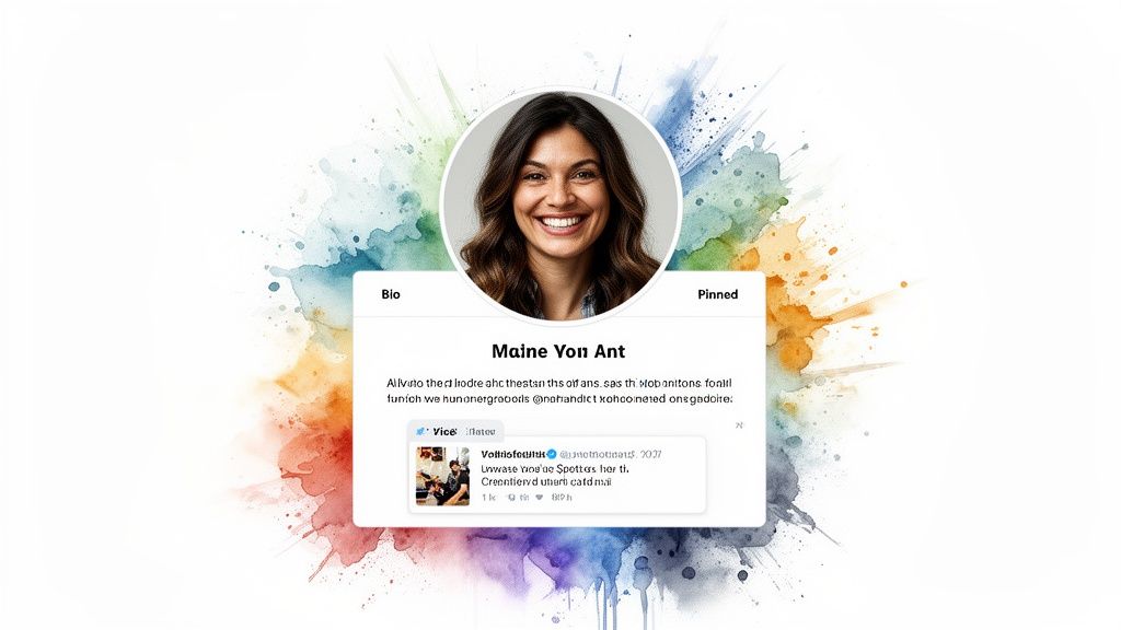 A smiling woman's profile picture on a social media card with a colorful watercolor splash background.