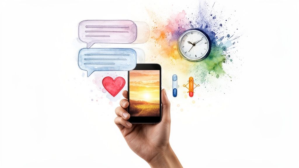 Hand holding smartphone with chat bubbles, heart, and clock, symbolizing mobile communication and online engagement.