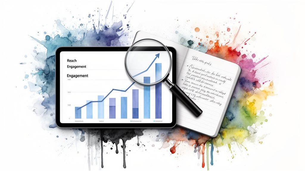 Tablet showing a growing graph, magnifying glass, and a notebook for marketing data analysis and planning.