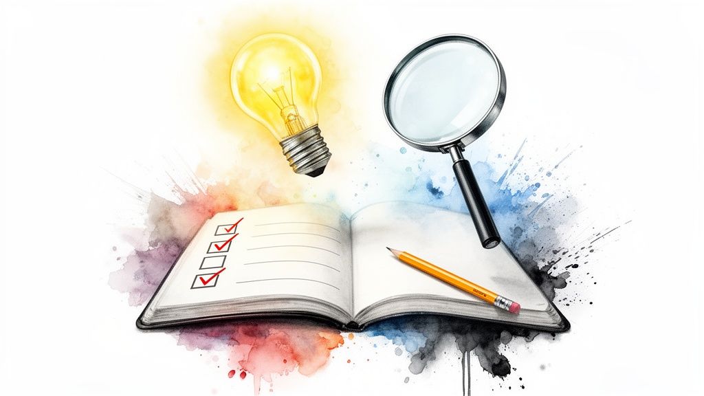 A bright light bulb, magnifying glass, open notebook with checklist, and pencil on a watercolor background.