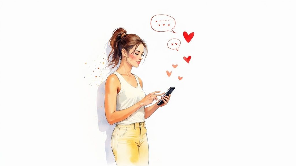 Illustrated woman with ponytail using smartphone, surrounded by floating hearts and speech bubbles.