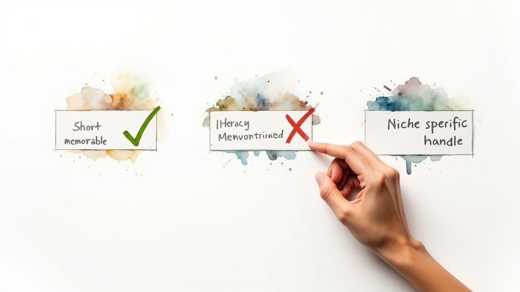 Three cards: 'Short memorable' with a check, 'Irrelevant mentioned' with an X, and 'Niche specific handle'.