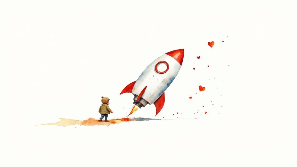 A watercolor painting of a child watching a rocket launch with hearts floating upwards.