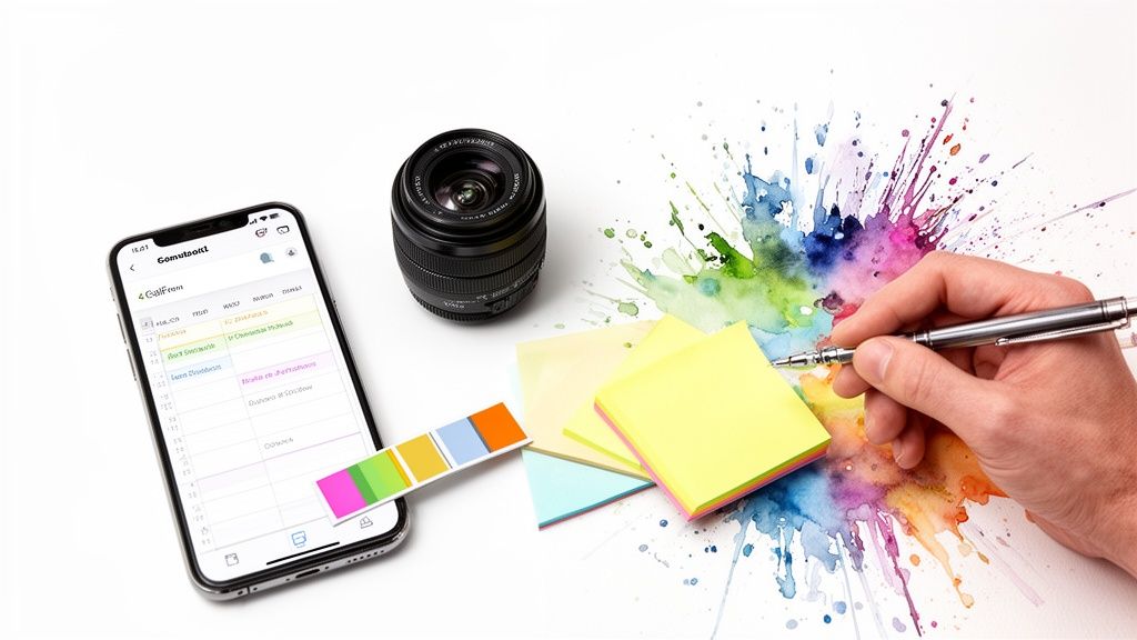Hand writing on sticky notes near a smartphone, camera lens, and colorful watercolor splatters.