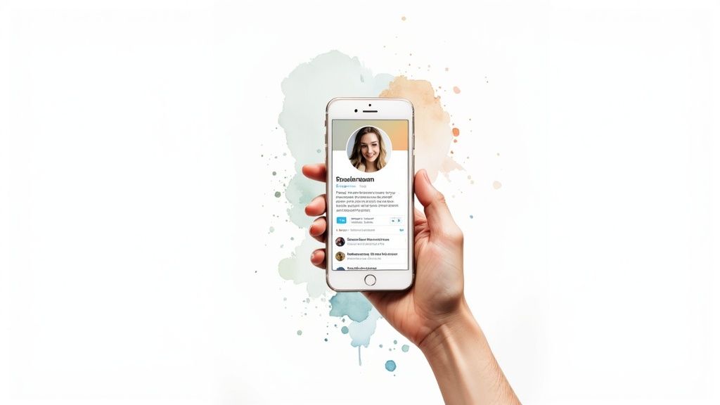 Hand holding smartphone displaying Twitter profile with watercolor splash background for social media growth