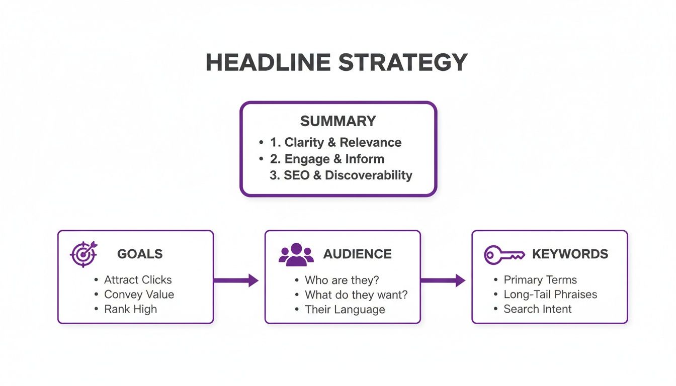 Flowchart outlining headline strategy covering summary, goals, audience, and keywords for effective SEO.