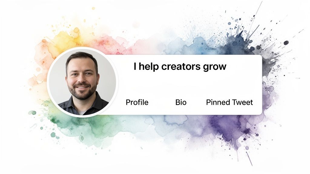 A social media profile card showing a smiling man and the bio text 'I help creators grow.'