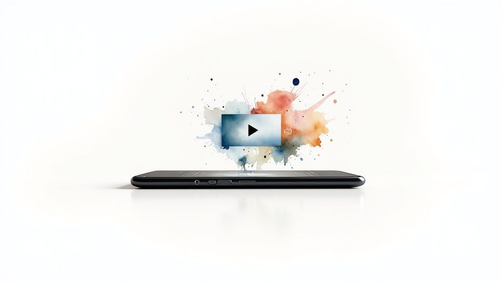 A black smartphone with a video player icon and colorful watercolor splashes floating above it.