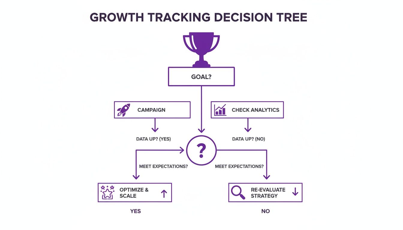 A growth tracking decision tree diagram showing steps from goal setting to campaign evaluation and strategy adjustment.