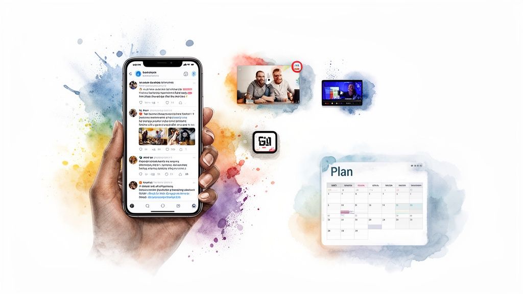 Hand holding phone with social media feed, video calls, and a digital calendar.