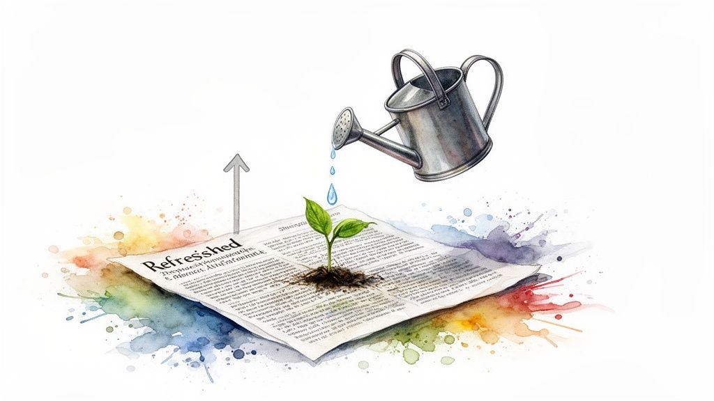 A watering can waters a green sprout growing from a newspaper, symbolizing refreshing content growth.