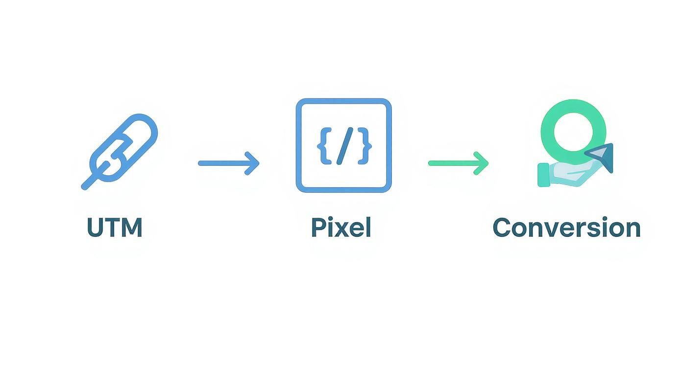 An infographic showing a three-step tracking setup, starting with a UTM link icon, moving to a Pixel code icon, and ending with a Conversion goal icon.