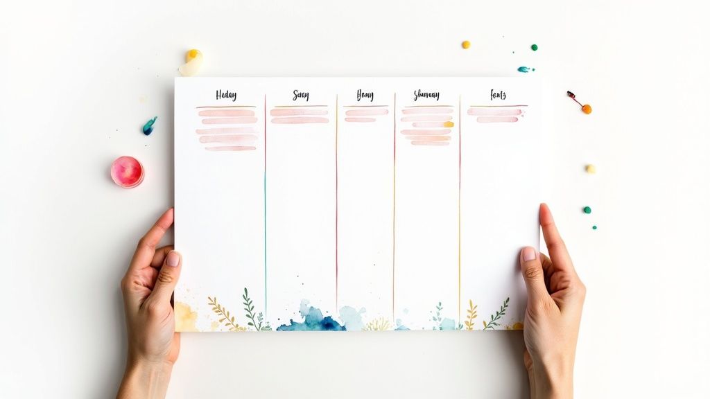 Hands holding a vibrant watercolor weekly planner with custom day names on a white desk.