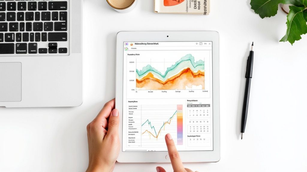 A person reviewing social media analytics on a tablet with charts and graphs, representing the process of refining a social media strategy.