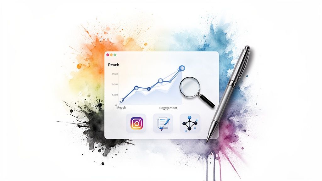 Social media analytics dashboard displaying reach and engagement growth, with Instagram, a magnifying glass, and a pen.