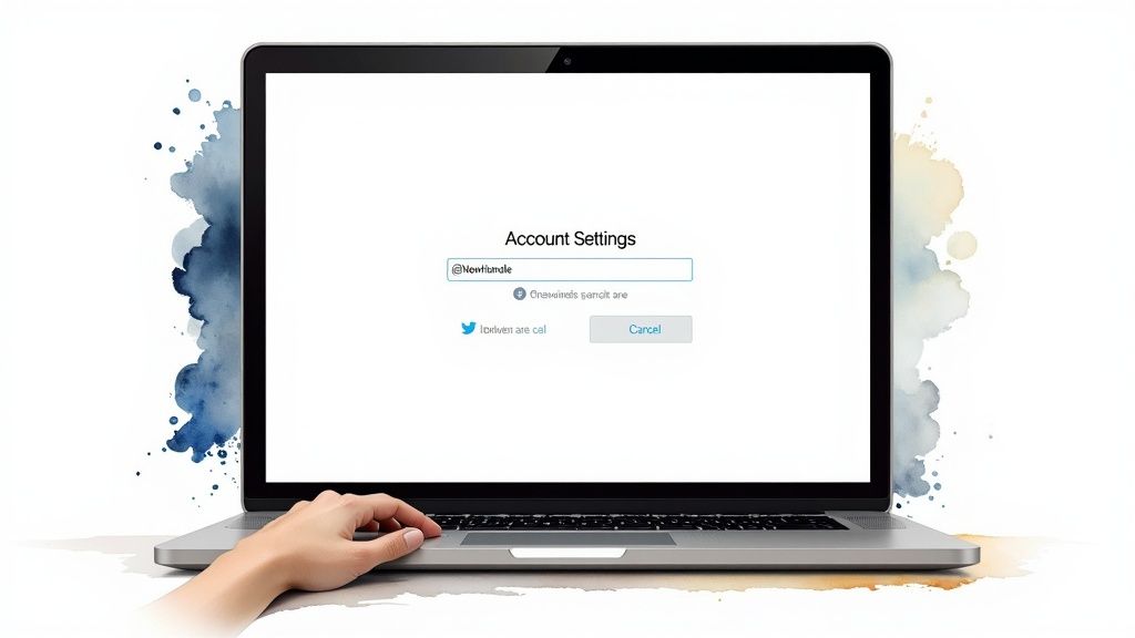 A laptop screen displays 'Account Settings' with an '@NewHandle' input field, and a hand uses the trackpad. Watercolour splashes surround the laptop.